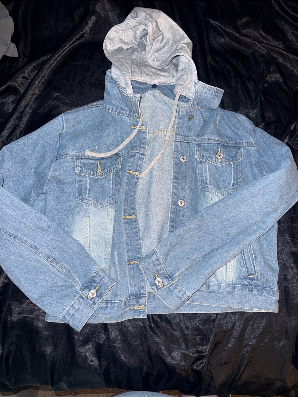 Amazon Light Blue Denim Jacket with Gray Hood